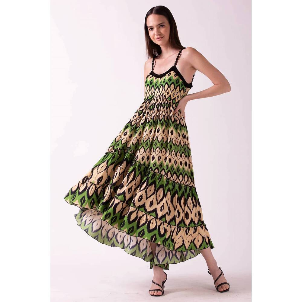 NEW ASH & EDEN acacia tiered maxi sun dress in green black